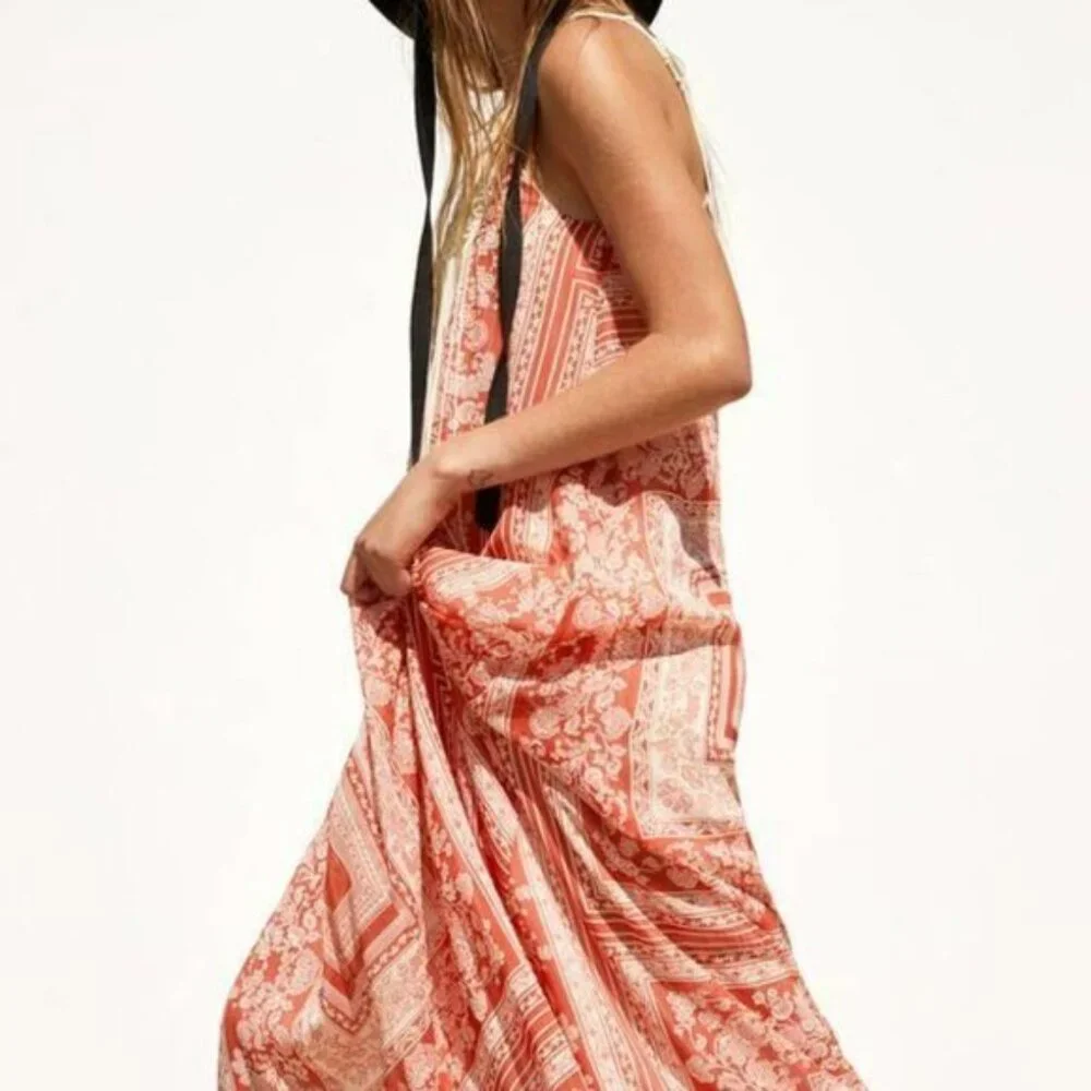 ZARA Boho Floral-Patch Maxi Dress with Crochet Neck and Fringe XS/S - Picture 4 of 16